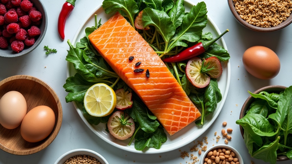 Assortment of healthy metabolism-boosting foods: salmon, leafy greens, berries, eggs, and spices on a kitchen counter
