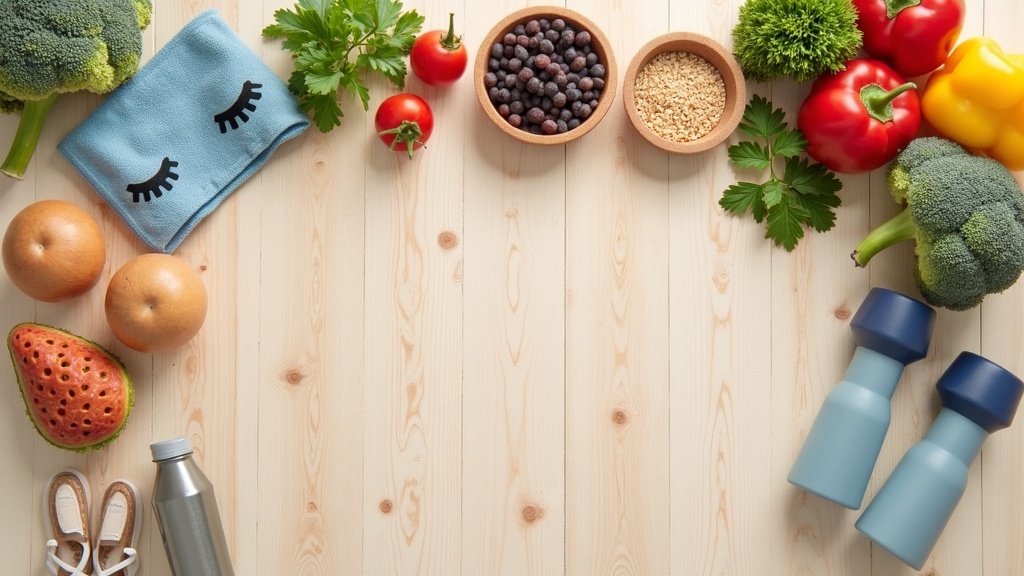 Healthy foods, resistance bands, and water – essentials for post-menopausal belly fat loss.
