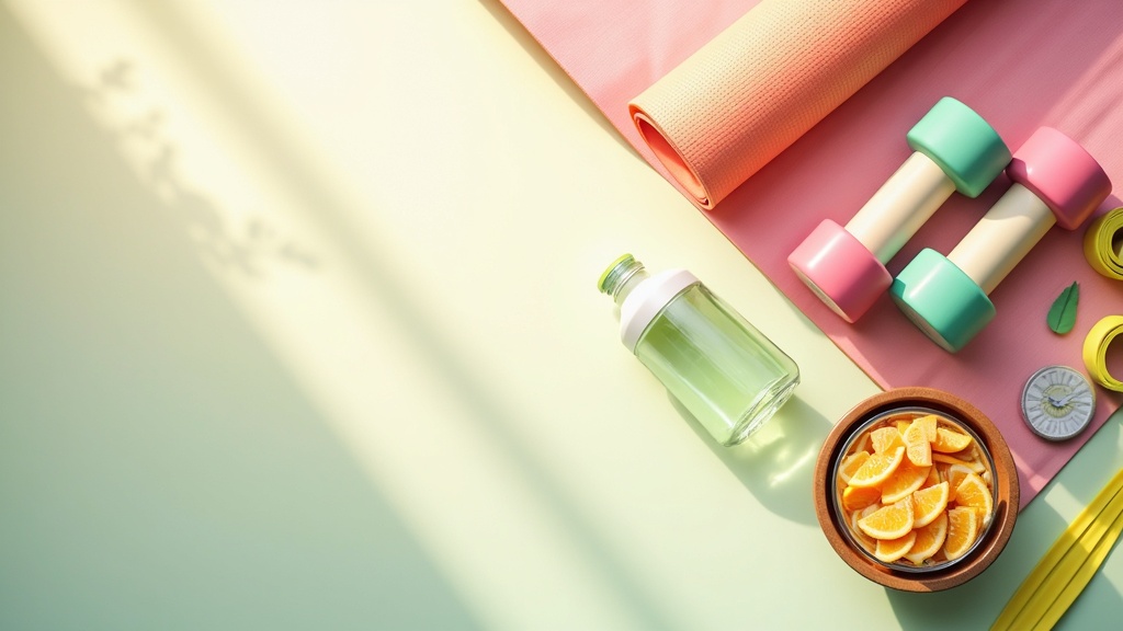 Vibrant image of workout gear, water bottle, and a notepad with motivational quotes, placed on a bright gym floor
